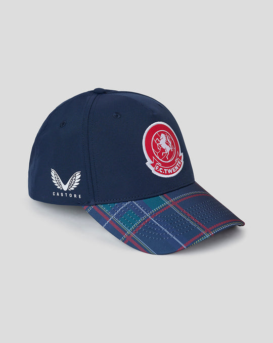 Side view of navy FC Twente Vierde Pet cap with plaid brim and front crest