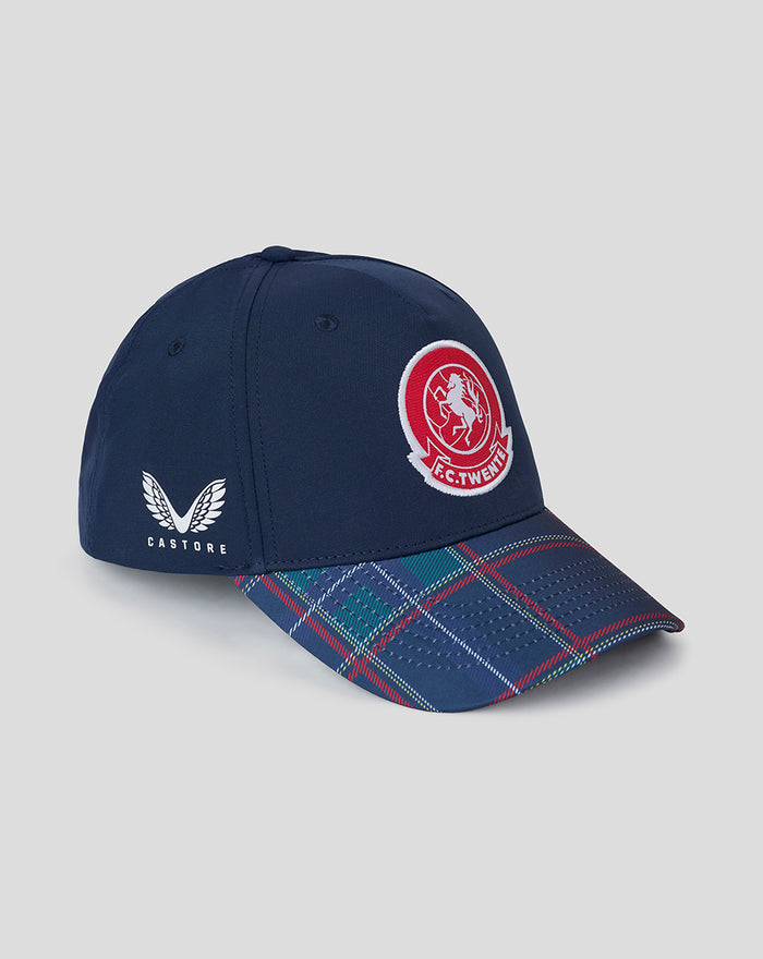 Side view of navy FC Twente Vierde Pet cap with plaid brim and front crest