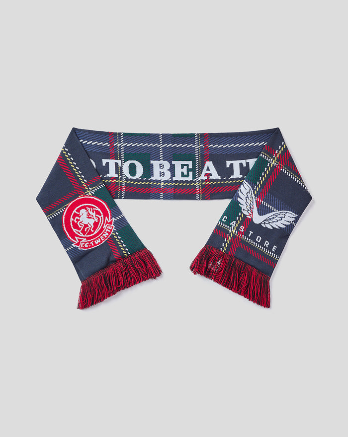FC Twente Fourth scarf laid flat showing crest and wing emblem with tartan pattern and red fringes