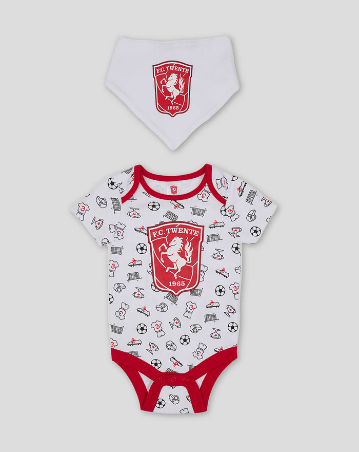 FC Twente baby set with white top trimmed in red and a matching white bib bearing the club crest.