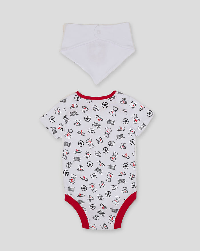 FC Twente baby set includes a white bib and a white printed bodysuit with football icons.