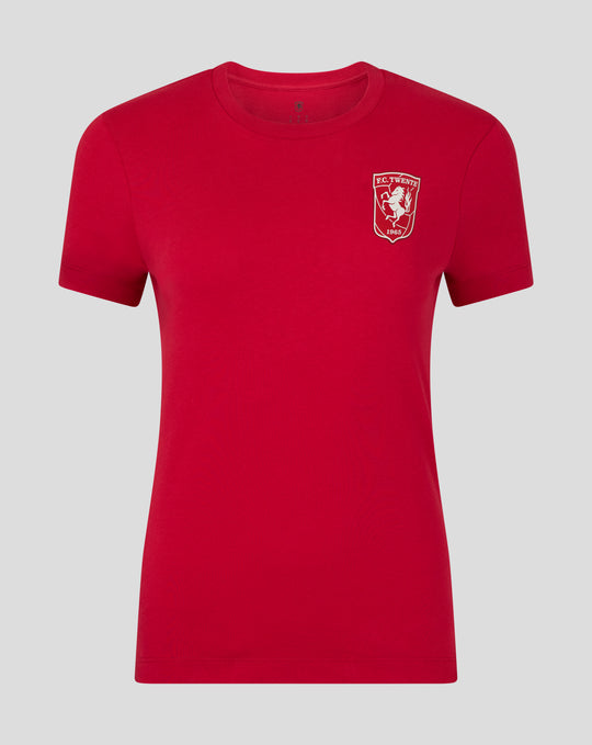Red FC Twente Core Crest T shirt for women with a white crest on the chest.