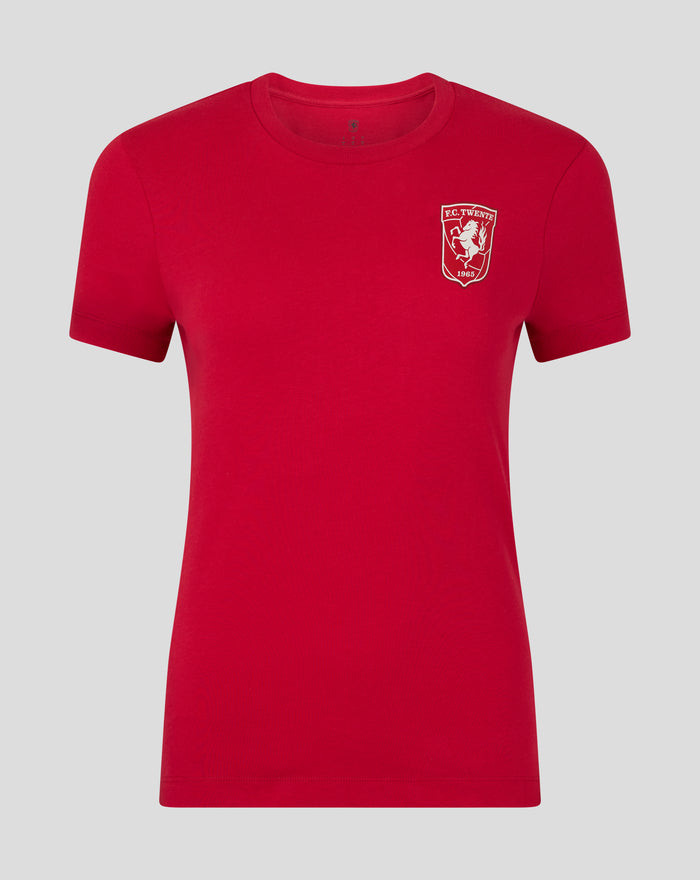 Red FC Twente Core Crest T shirt for women with a white crest on the chest.