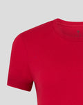 Close-up of the red fabric, neckline and short sleeve of the FC Twente Core Crest T-Shirt for women.
