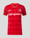 Voorzijde van FC Twente thuisshirt 25/26 vrouwen met rode ruitpatroon en clublogo