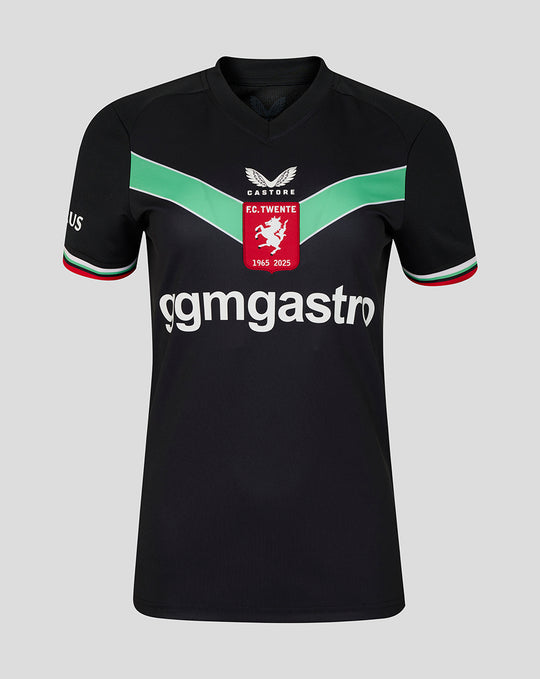 Front view of black FC Twente third shirt for women with green chevron and club crest