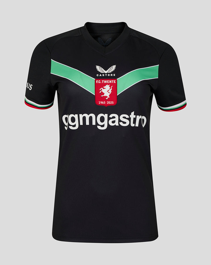 Front view of black FC Twente third shirt for women with green chevron and club crest