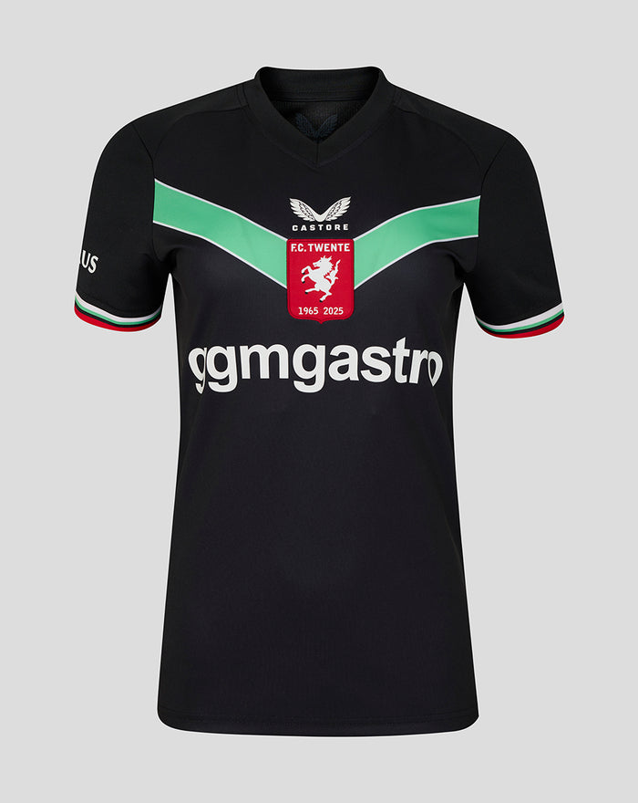 Front view of black FC Twente third shirt for women with green chevron and club crest
