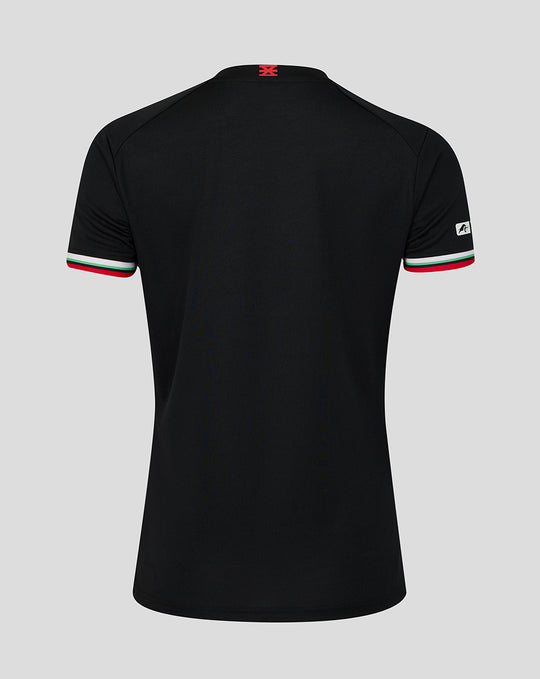 Back view of black FC Twente third shirt for women with red neck tab and tricolor sleeve cuffs