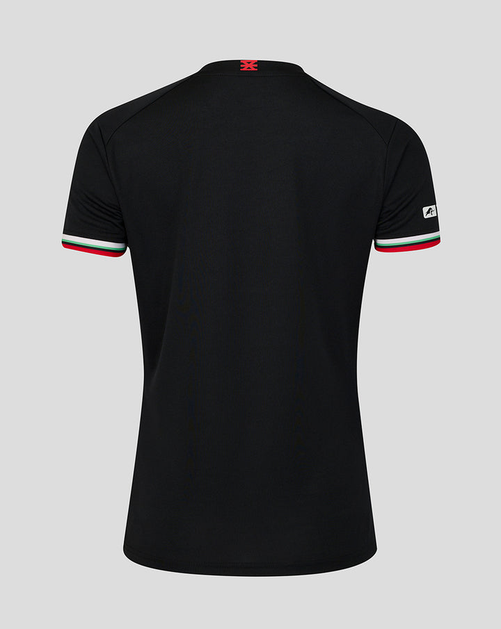 Back view of black FC Twente third shirt for women with red neck tab and tricolor sleeve cuffs