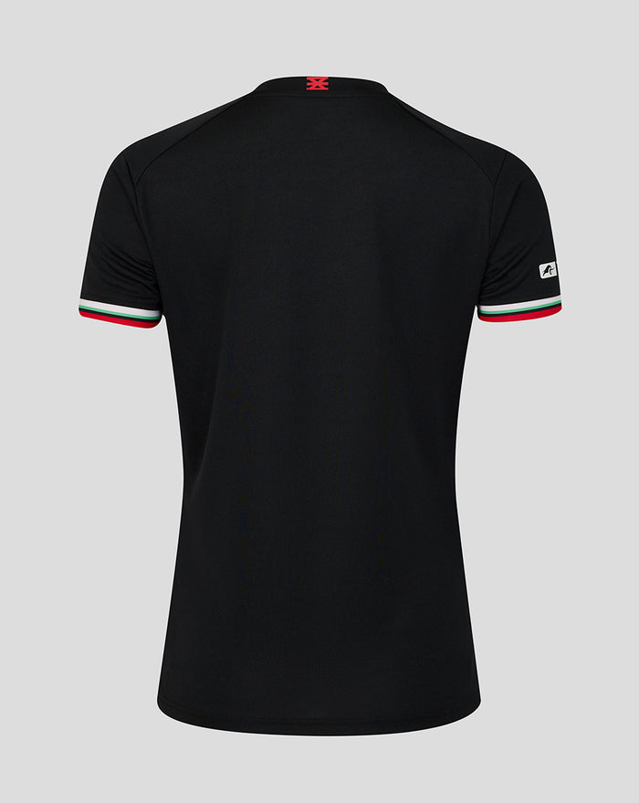 Back view of black FC Twente third shirt for women with red neck tab and tricolor sleeve cuffs