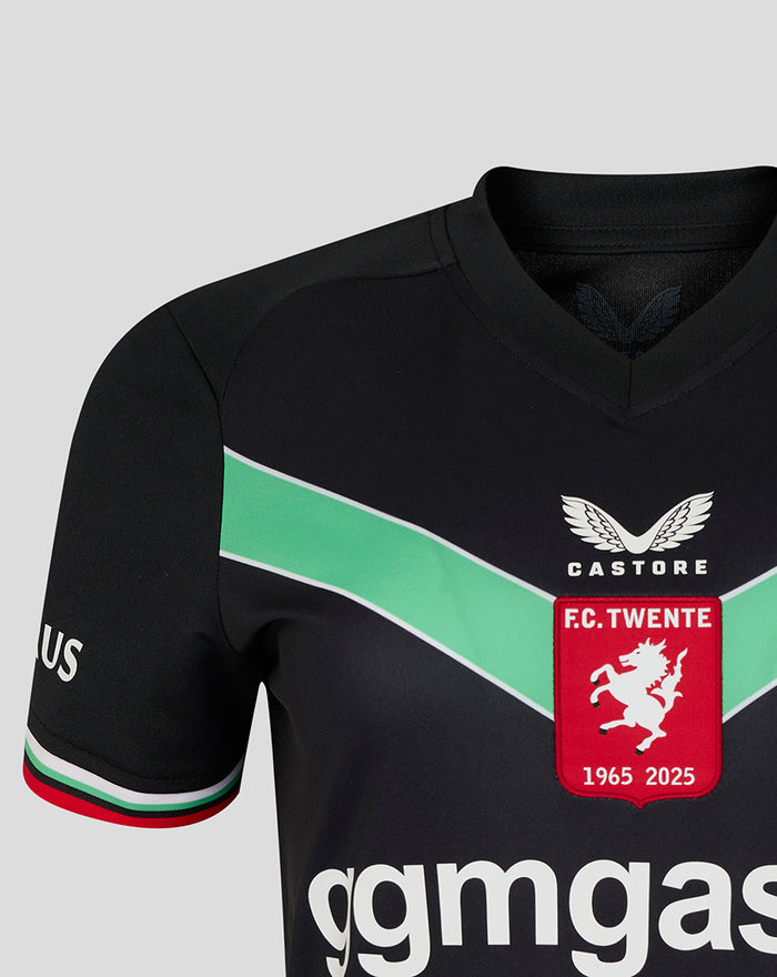 Black women's FC Twente third shirt with a green diagonal chevron and red FC Twente crest on the chest