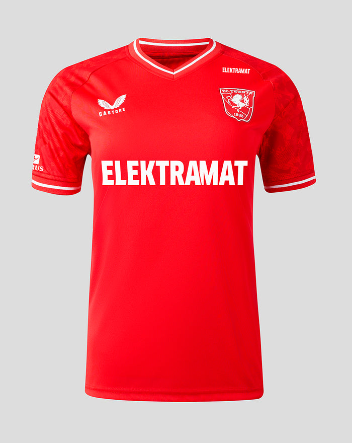 Red FC Twente home shirt for women with ELEKTRAMAT sponsor and crest on the chest and white sleeve trim