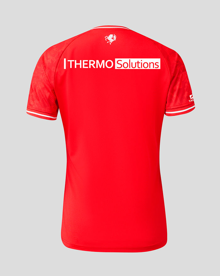 Back view of red FC Twente women's home shirt with THERMO Solutions sponsor across the back and a small crest at the neck.