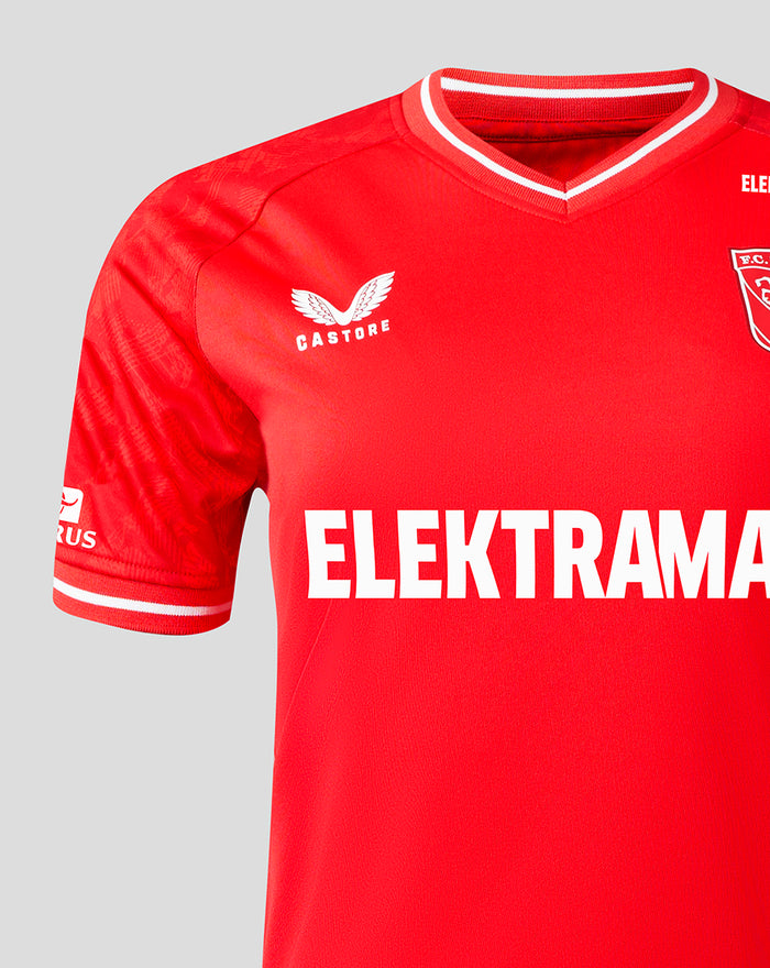 Front view of red FC Twente womens shirt with ELEKTRAMAT across the chest crest on the left and Castore logo near collar.