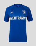 Front view of blue FC Twente Pro Coach Training shirt for women with left chest crest and ELEKTRAMAT across the chest.