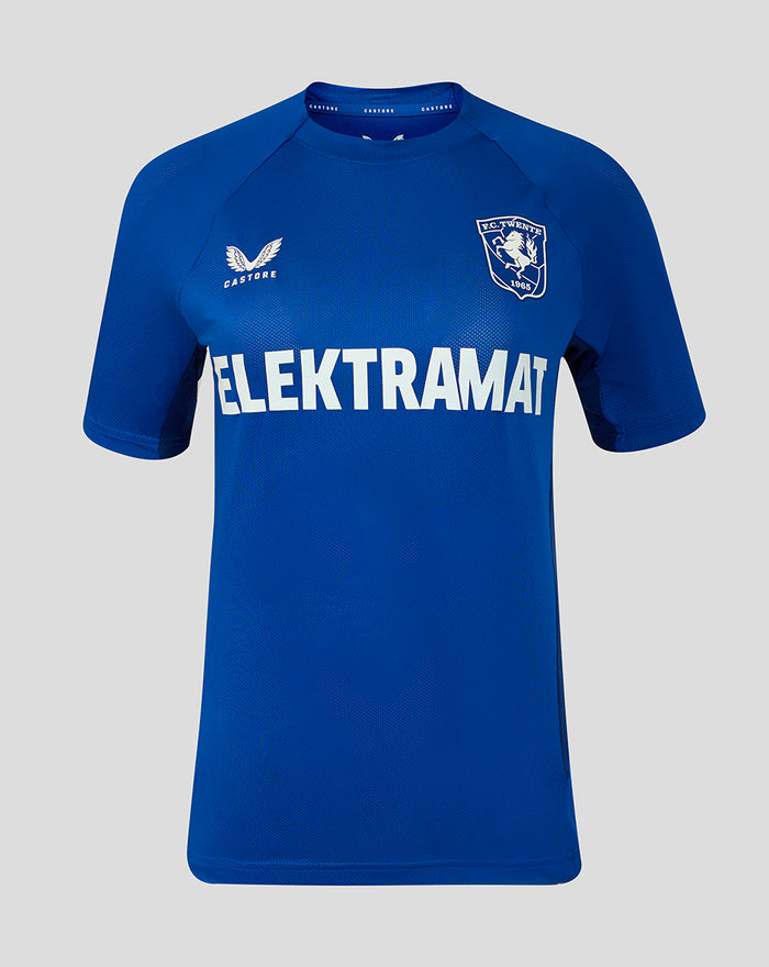 Front view of blue FC Twente Pro Coach Training shirt for women with left chest crest and ELEKTRAMAT across the chest.