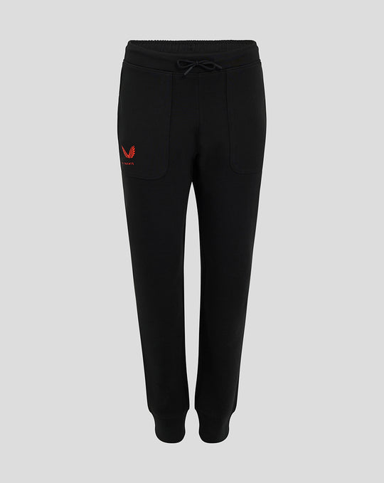 Front view of black FC Twente Travel Pants for women with red Castore wings and club crest on the thigh and drawstring waist