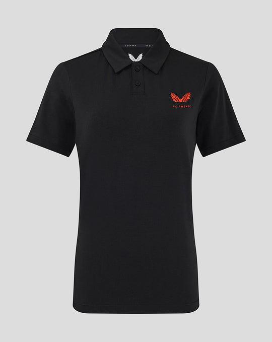 Black FC Twente Travel Polo for women with a red wing crest on the left chest and a white wing emblem on the collar
