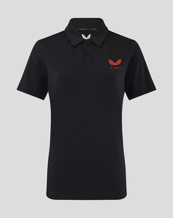 Black FC Twente Travel Polo for women with a red wing crest on the left chest and a white wing emblem on the collar