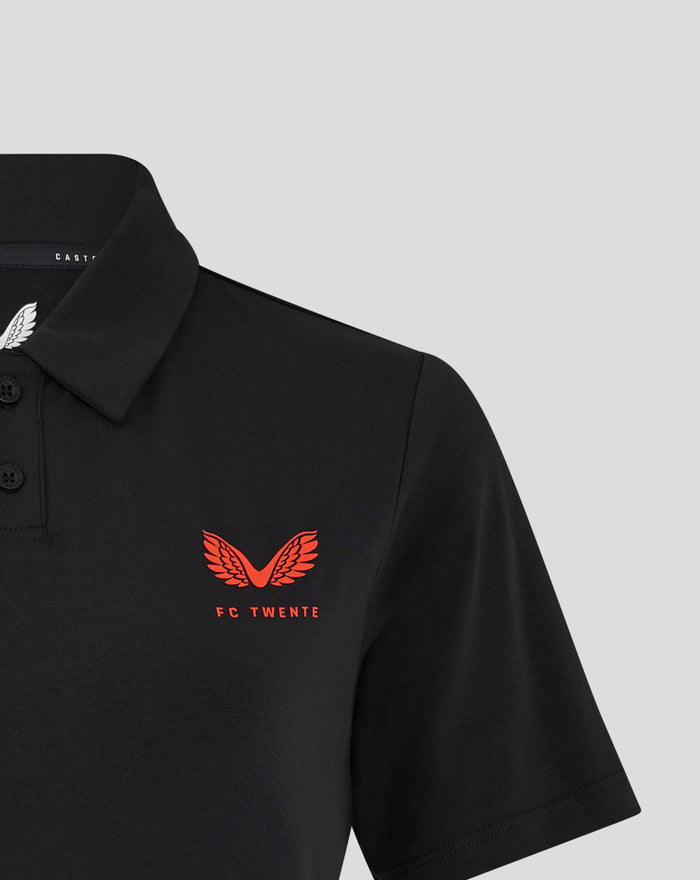 Close-up of the red wing crest embroidery and FC Twente text on the black Travel Polo