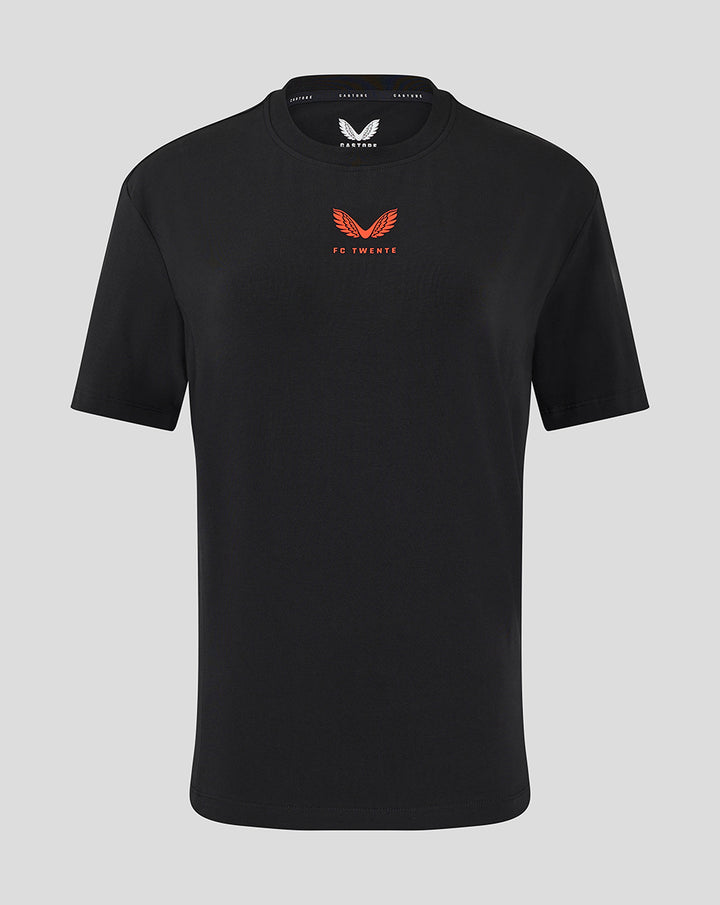 Front view of black FC Twente Travel T-Shirt for women with red crest and wings on the chest