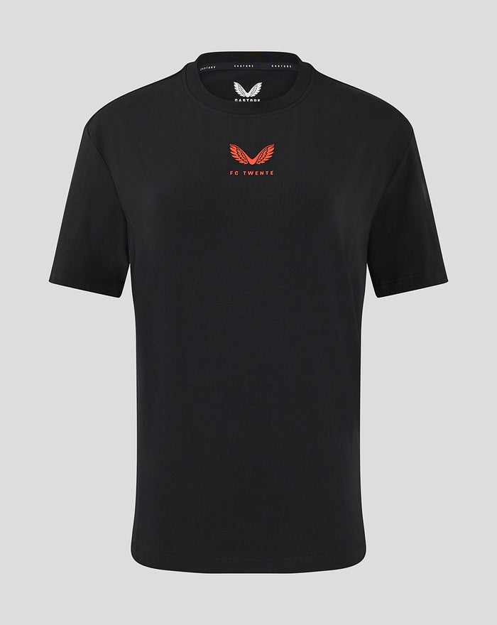 Front view of black FC Twente Travel T-Shirt for women with red crest and wings on the chest