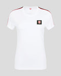 White FC Twente women's cotton T shirt with red and black shoulder stripe and crest patch on chest.