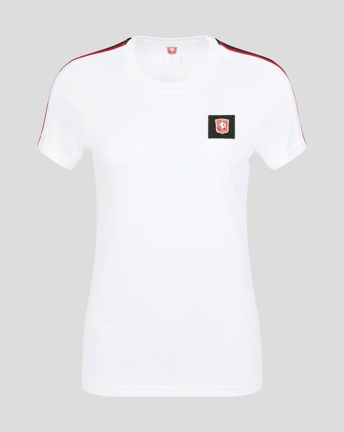 White FC Twente women's cotton T shirt with red and black shoulder stripe and crest patch on chest.