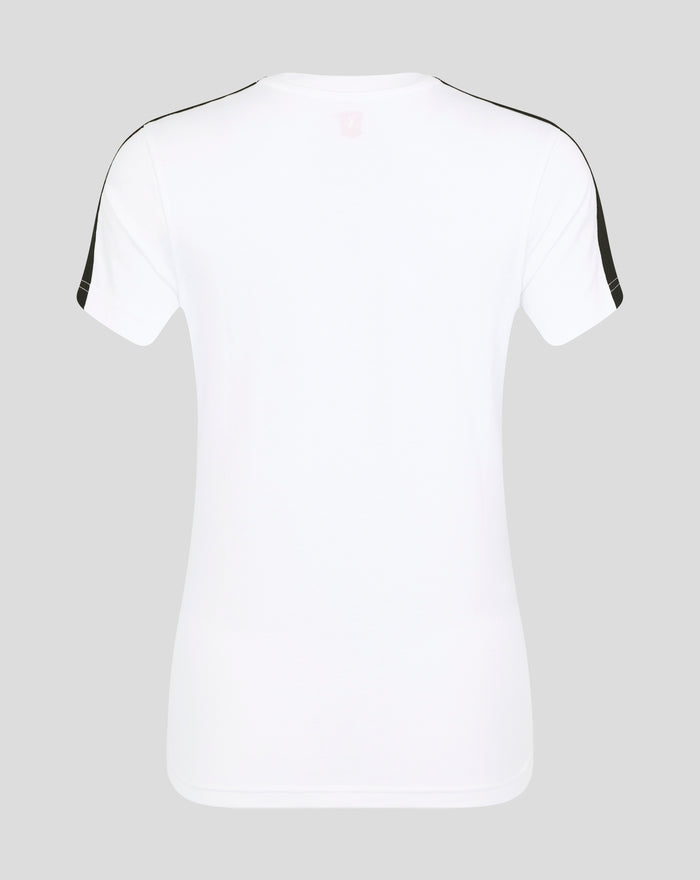 Back view of white FC Twente women's T shirt with black and red shoulder stripe.