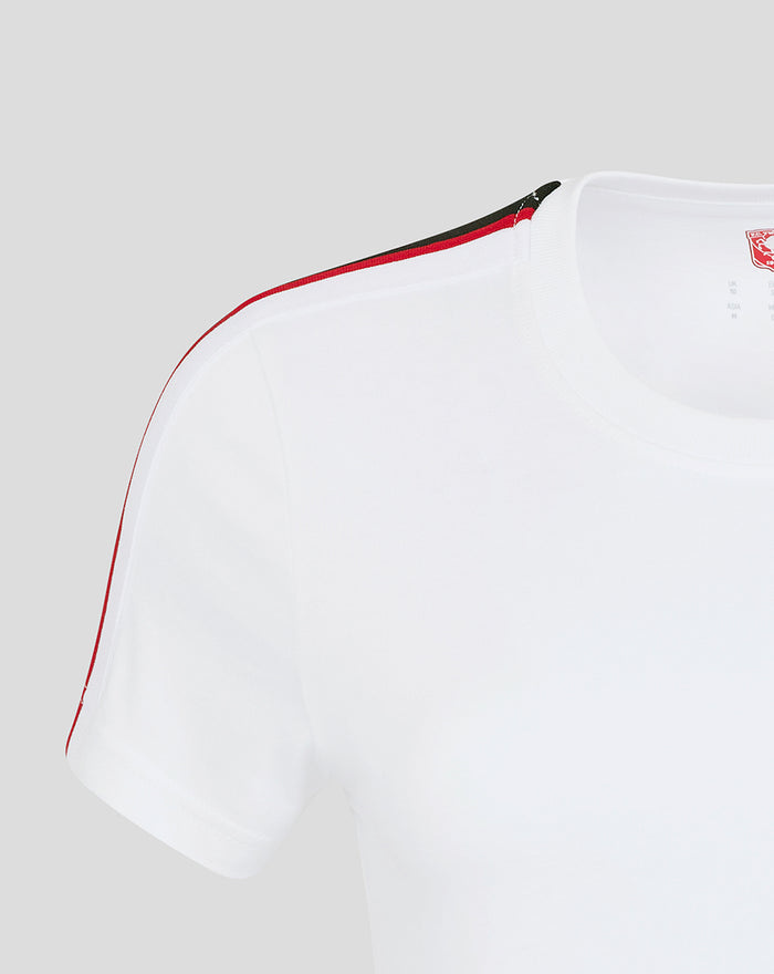 White FC Twente women's classic cotton T shirt with a red black stripe along the shoulder