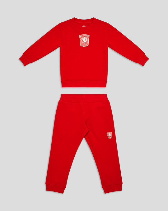 Red FC Twente kids sweater and matching joggers set with white crest logos