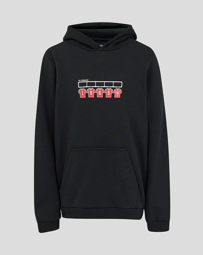 Black FC Twente hoodie featuring the dressing room graphic with red numbered jerseys