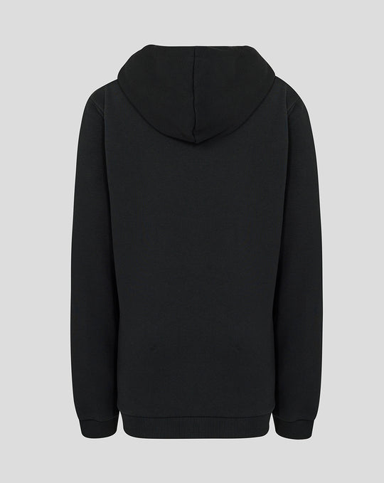 Back view of black junior hoodie with hood and ribbed hem