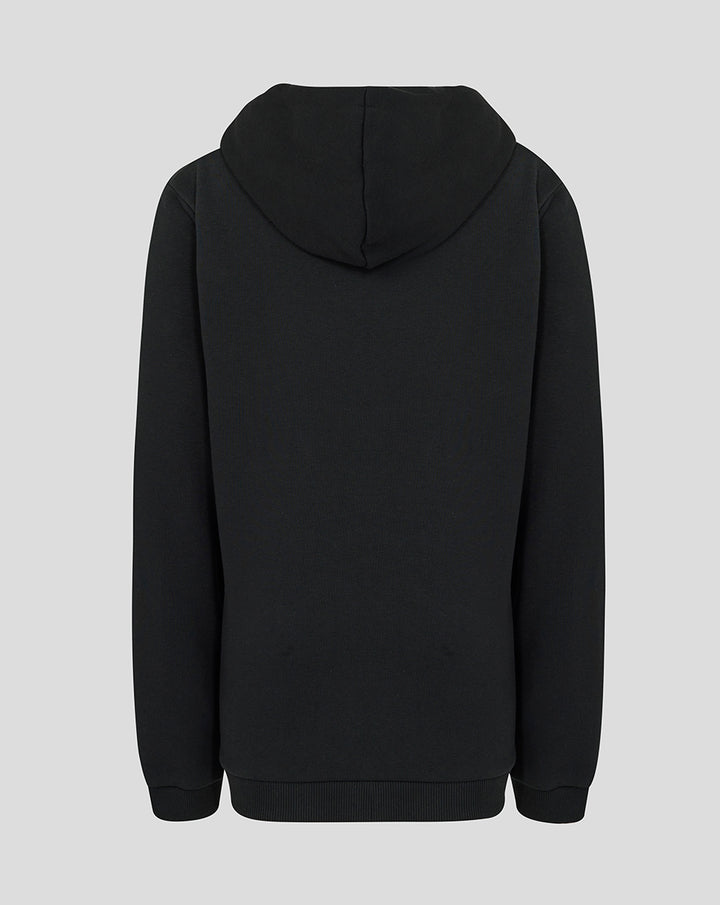 Back view of black junior hoodie with hood and ribbed hem