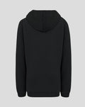 Back view of black junior hoodie with hood and ribbed hem