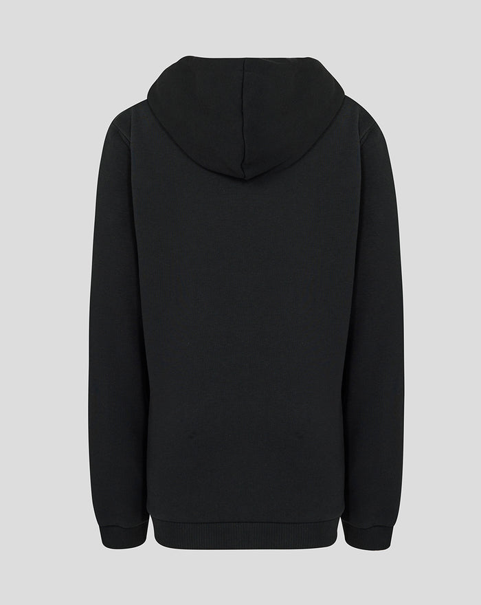 Back view of black junior hoodie with hood and ribbed hem