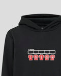Detail of chest print on black FC Twente hoodie with red numbered jerseys and crest
