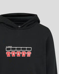 Close up of chest print on black FC Twente hoodie showing white rack and red numbered jerseys