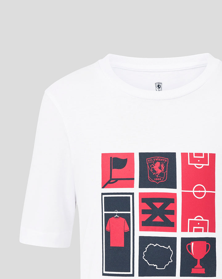 Front view of white FC Twente collage junior T-shirt with red navy graphic grid