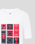 White junior FC Twente collage T shirt with a grid of red and navy icon blocks on the front.