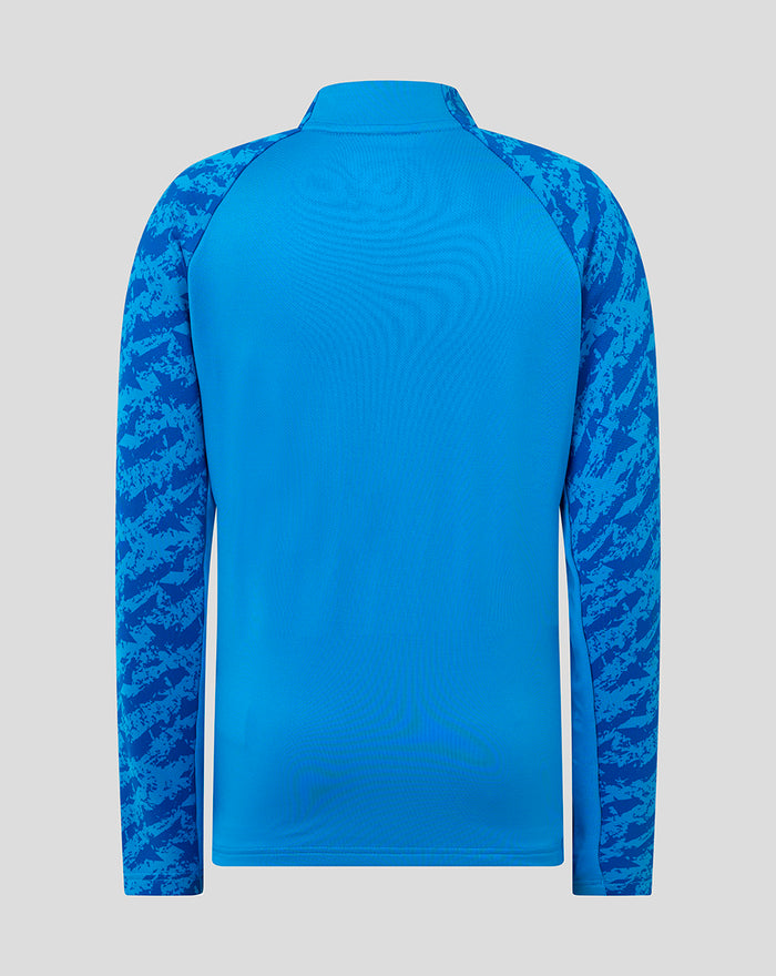 Back view of blue FC Twente midlayer top with camo sleeves and a high collar