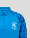 Close-up of blue FC Twente midlayer top showing crest on the chest and the front zipper