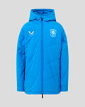 Front view of bright blue FC Twente padded jacket with team crest on left chest and Castore logo on right.
