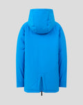 Back view of bright blue FC Twente padded jacket with hood and center zip vent at hem.