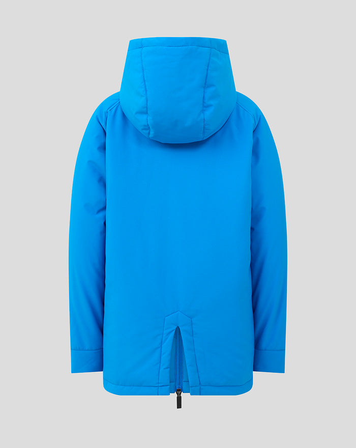 Back view of bright blue FC Twente padded jacket with hood and center zip vent at hem.