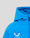 Blue FC Twente jacket close-up showing the hood and Castore branding on the chest.