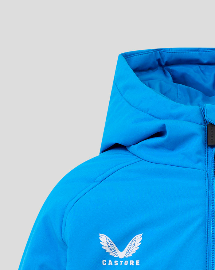 Blue FC Twente jacket close-up showing the hood and Castore branding on the chest.