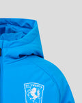 Bright blue FC Twente jacket with hood and white crest on the chest.