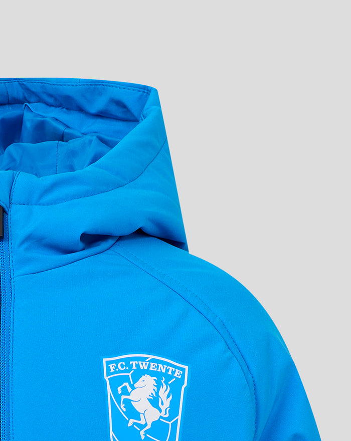 Bright blue FC Twente jacket with hood and white crest on the chest.